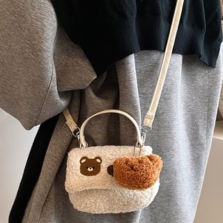 Bear Embroidered Flap Fleece Crossbody Bag