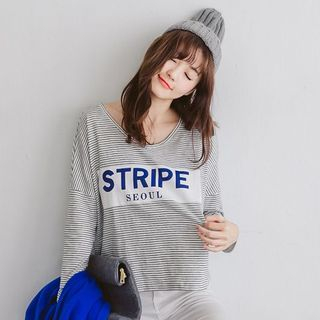 Tokyo Fashion Long-Sleeve Lettering Striped T-Shirt