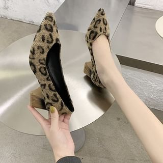 Pointed Leopard Print Chunky Heel Pumps