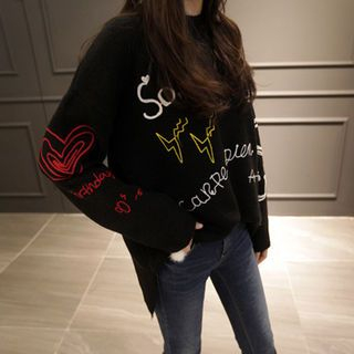 NIPONJJUYA Lettering Embroidered Sweater