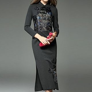 Queen Mulock Long-Sleeve Applique Cheongsam Dress