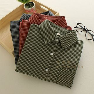 Mushi Plaid Long-Sleeve Blouse