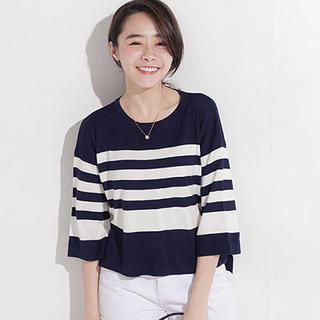 CatWorld 3/4-Sleeve Dip-Back Striped Knit Top