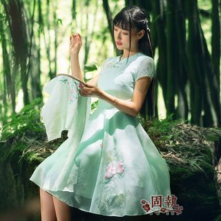 GU ZHI Short-Sleeve Embroidered A-Line Dress