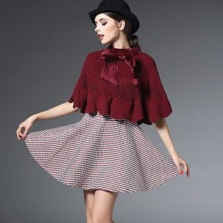 Ozipan Set: Bow-Accent Knit Cape + Houndstooth Dress