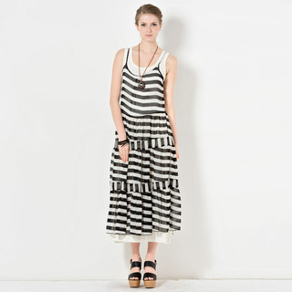 YesStyle Z Set: Striped Strappy Maxi Dress + Maxi Tank Dress Black - One Size
