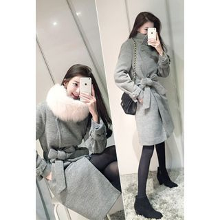 ATTYSTORY Turtle-Neck Wool Blend Coat with Sash