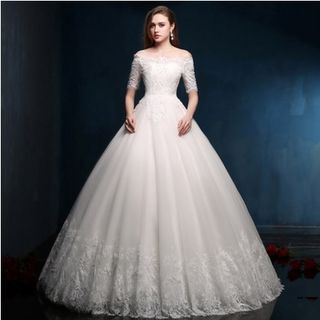 Luxury Style Off-shoulder Lace Long Train Wedding Dress