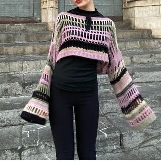 Long-Sleeve Crochet Net Patchwork Knitted Crop Sweater