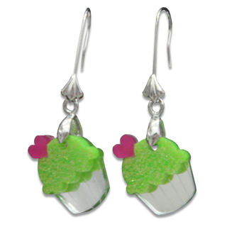 Sweet & Co. Sweet Glitter Green Mirror Cupcake Silver Earrings