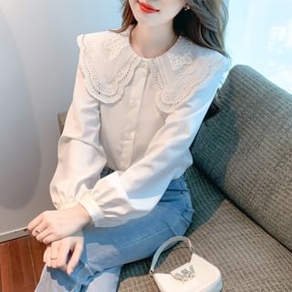 Long-Sleeve Flower Embroidered Lace Trim Shirt