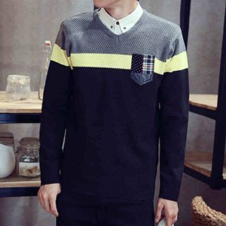 Blueforce Colour Block Applique V-neck Sweater
