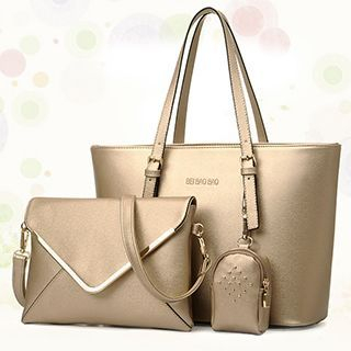 BeiBaoBao Set: Faux-Leather Tote + Cross Bag + Pouch