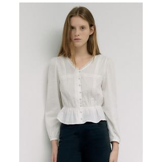 Lace-Neck Peplum Blouse (White) White - One Size