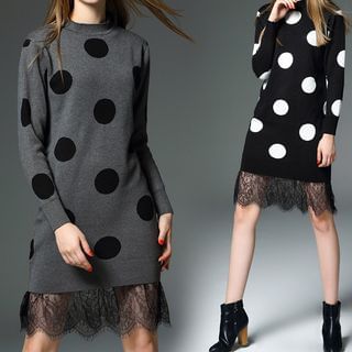 Kotiro Long-Sleeve Lace Panel Dotted Knit Dress