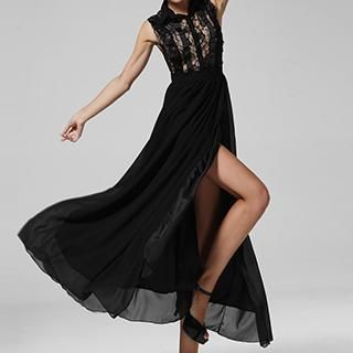 Rebecca Sleeveless Side-Slit Lace Maxi Dress