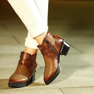 JY Shoes Genuine Leather Studded Platform Heel Boots