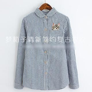 ninna nanna Striped & Cat Embroidered Shirt