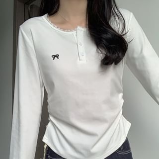 Long-Sleeve Lace Trim Henley Top