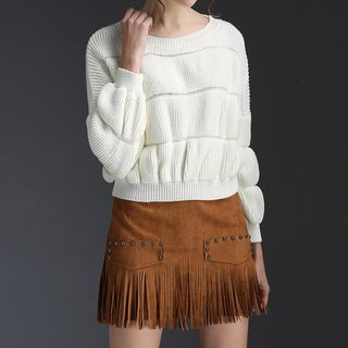 Kotiro Set: Puff-Sleeve Sweater + Studded Tassel Miniskirt
