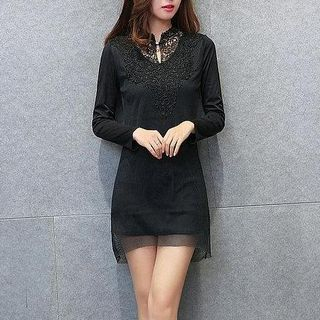 Fashion Street Lace Mesh Panel Long-Sleeve Dress