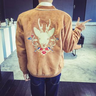JUN.LEE Embroidered Deer Fleece-lined Jacket