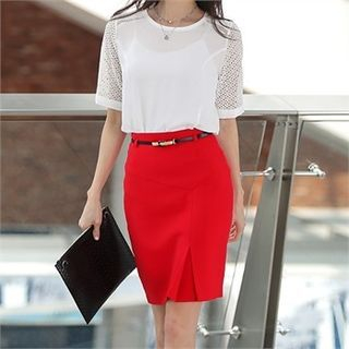 COCOAVENUE Slit-Side Skirt with Belt