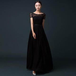 Royal Style Lace Cap-Sleeve A-Line Evening Gown