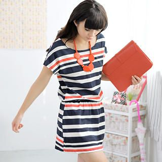 Striped T-shirt Dress Navy Blue - One Size