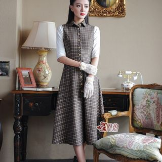 GU ZHI Set: Sleeveless Wool Blend Check Dress + Wool Blend Frilled-Trim Top