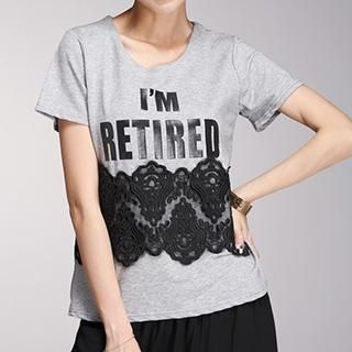 Amella Short-Sleeve Lace Panel Lettering T-Shirt