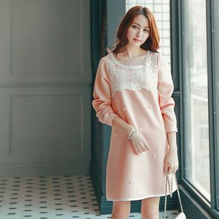 Tokyo Fashion Lace Panel Embellished Long-Sleeve Dress