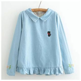 Angel Love Embroidered Cat Frill Hem Long-Sleeve Top