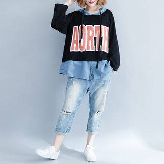 Mock Two Piece Letter Hoodie Asian Fashion