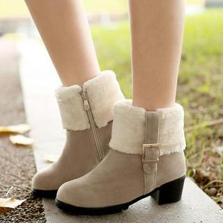 Pangmama Furry Trim Buckled Ankle Boots