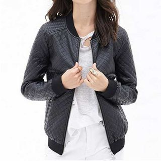 Richcoco Quilted Faux Leather Zip Jacket