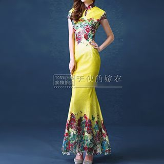 Angel Bridal Cap-Sleeve Crochet-Panel Mermaid Cheongsam