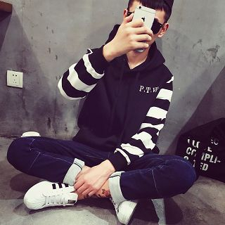 Mr. Cai Striped-Sleeve Lettering Hooded Jacket