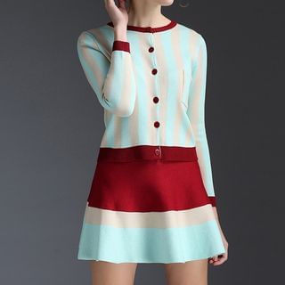 Kotiro Set: Striped Cardigan + Color-Block Knit Skirt
