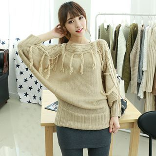Dodostyle Boat-Neck Fringed Cable-Knit Wool Blend Sweater