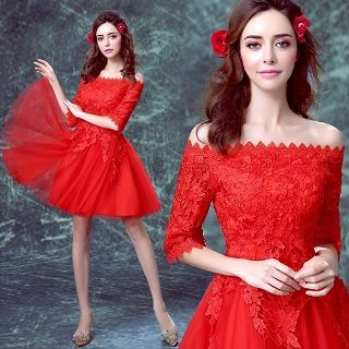 Angel Bridal Elbow-Sleeve Off-Shoulder Cocktail Dress