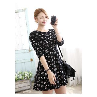 Dalkong Elbow-Sleeve Floral Pattern A-Line Mini Dress