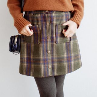 Forest Girl Plaid Button-front Woolen Skirt