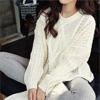 SARAH Slit-Hem Cable-Knit Sweater