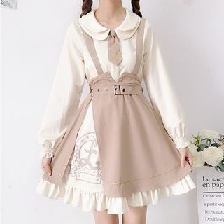 Layered Collar Blouse / Ruffle Hem Suspender Skirt - Asian Fashion