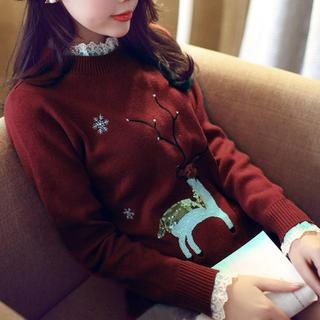 anzoveve Lace Trim Sequined Sweater