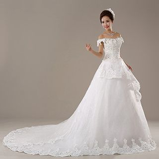 Efon Off-shoulder Lace Long Train Wedding Ball Gown