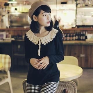 Tokyo Fashion Long-Sleeve Lace-Collar Embossed Top