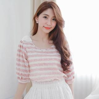 Tokyo Fashion Elbow-Sleeve Beaded Striped Lace Top