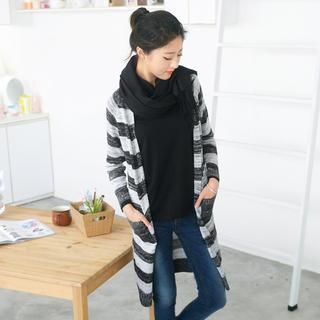59 Seconds Striped M lange Long Cardigan Black and White - One Size